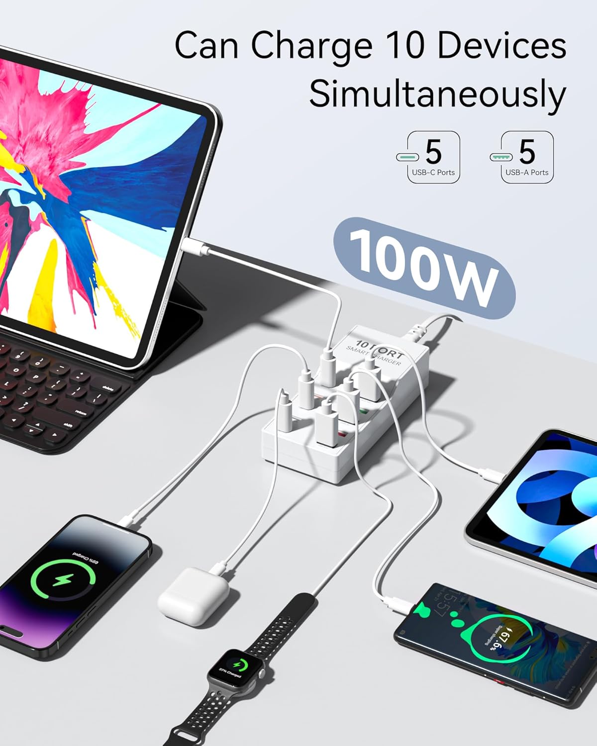 AJ Sparkit 10PD, 100W Charging Hub 10 Ports, with 5 USB-C Ports & 5 USB-A Ports, with Power Delivery 3.0 & Quick Charge, White