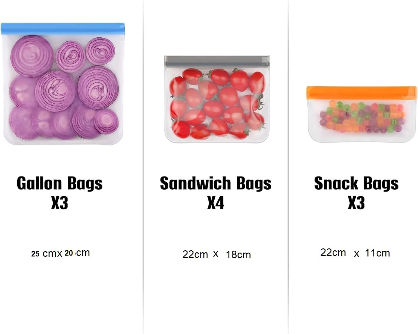 AJ 10-Pack Reusable Food Safe Reusable Bags Silicone, BPA Free, σε 3 Μεγέθη, Σετ των 10τμχ