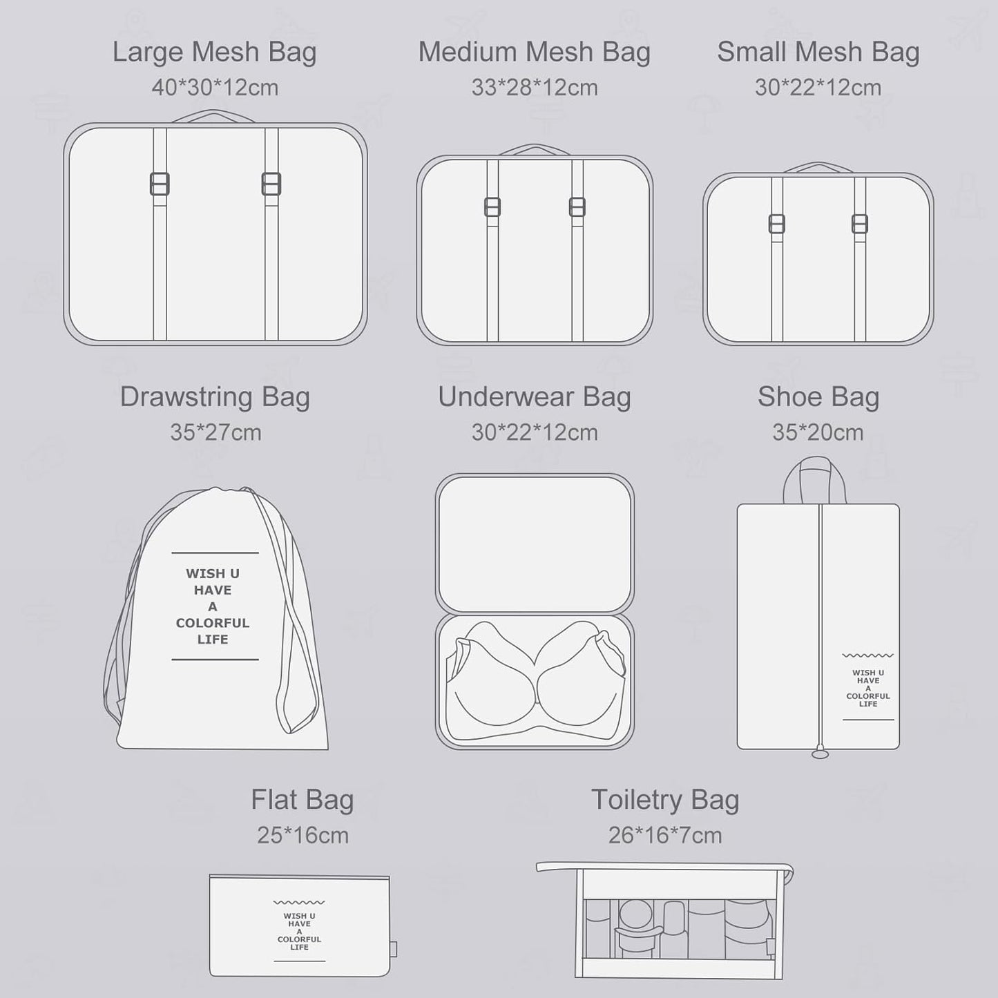 AJ 8-Pack Travel Packing Cubes for Suitcases, Clothes Cases for Travel, Set of 8pcs (Various Sizes), Gray