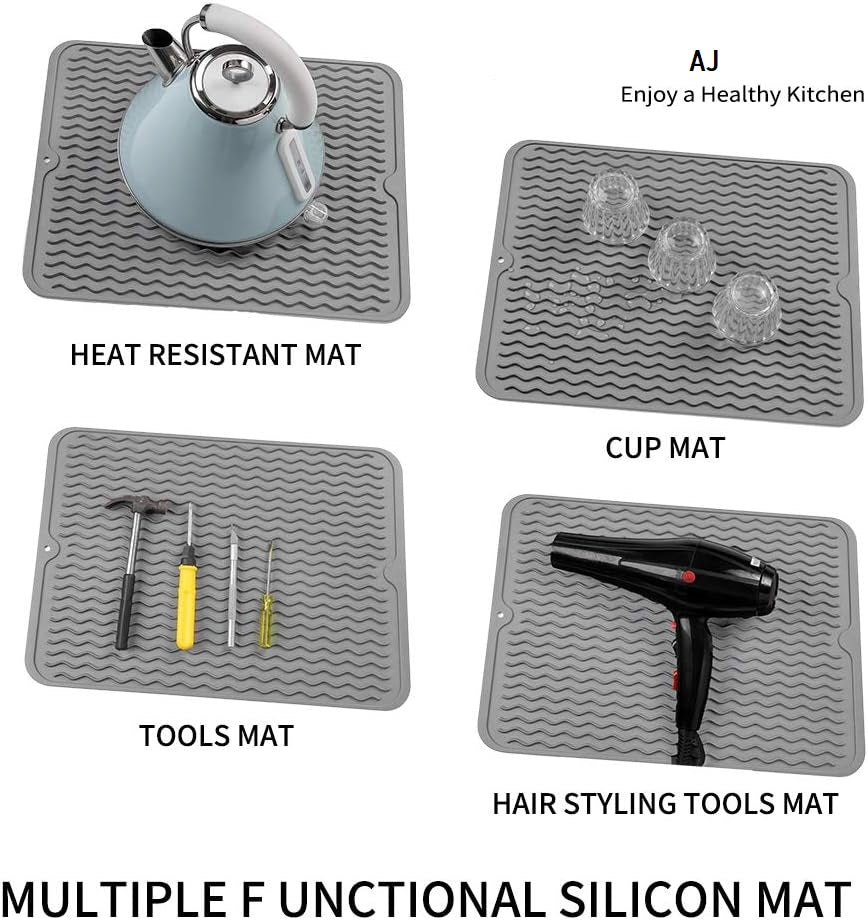 AJ Silicone Dish Drying Mat, Drying Surface L (40 x 30cm), Grey