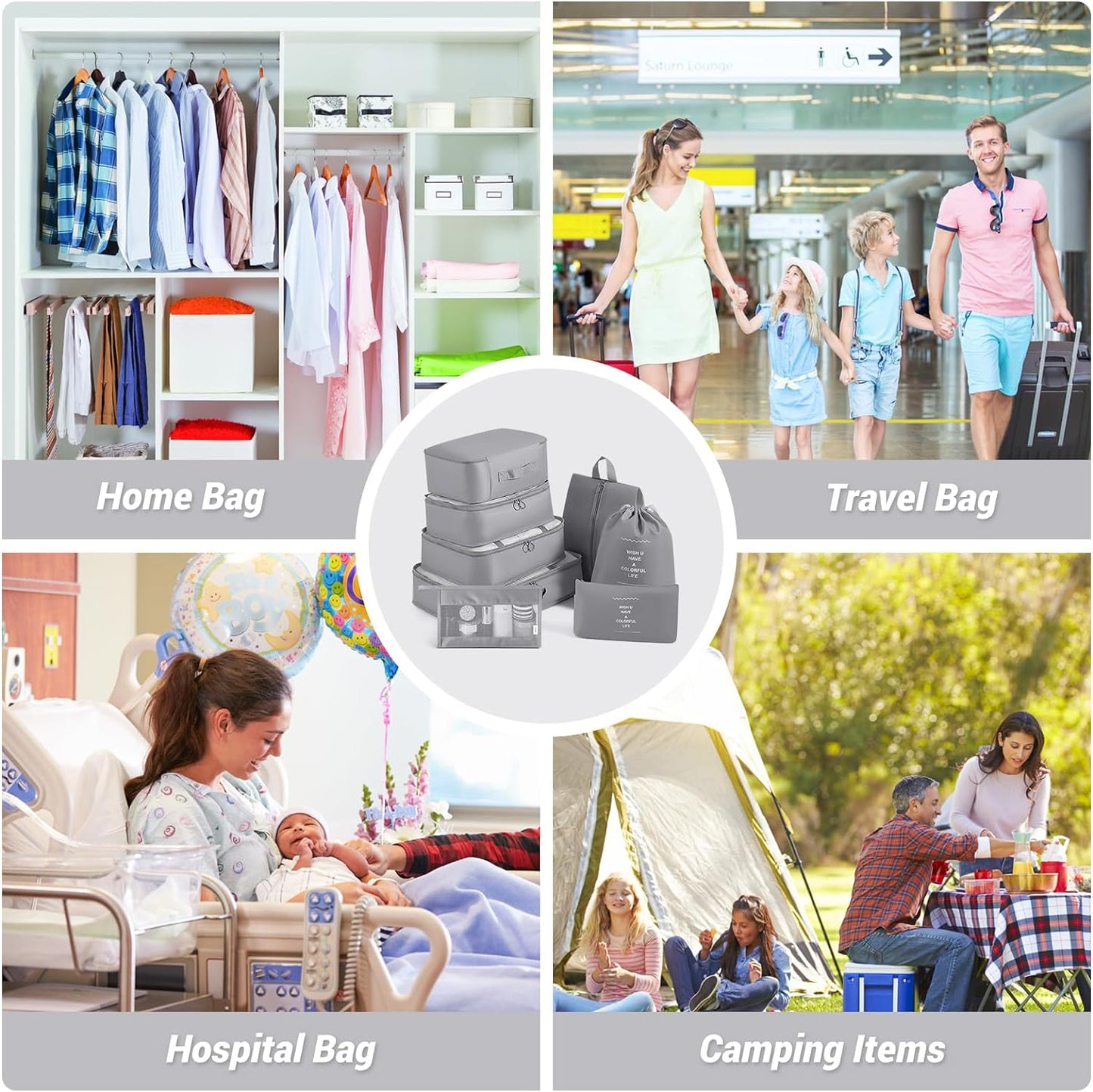 AJ 8-Pack Travel Packing Cubes for Suitcases, Clothes Cases for Travel, Set of 8pcs (Various Sizes), Gray