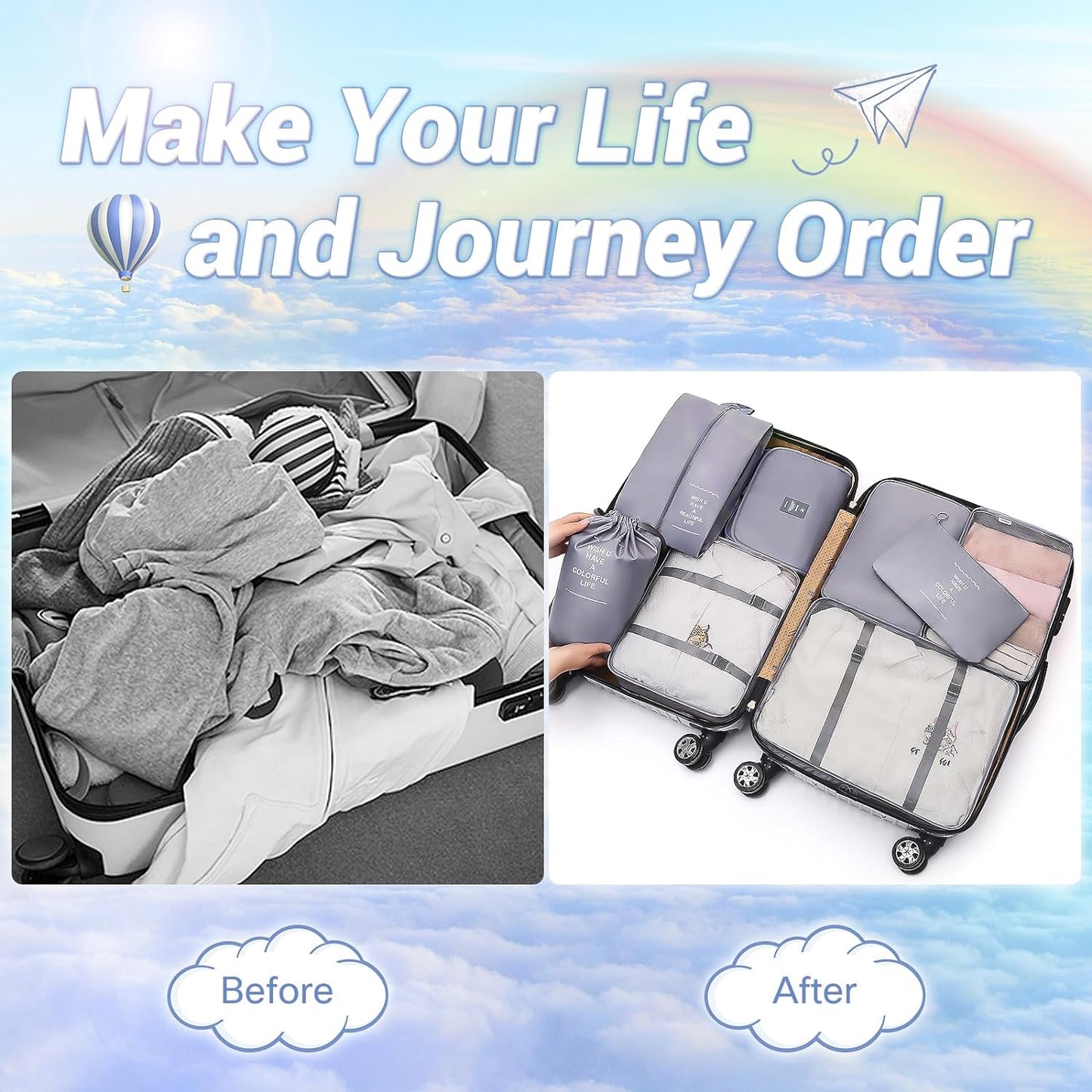 AJ 8-Pack Travel Packing Cubes for Suitcases, Clothes Cases for Travel, Set of 8pcs (Various Sizes), Gray