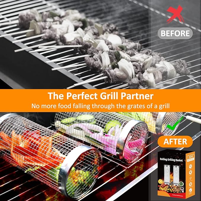 AJ 2-Pack BBQ Rolling Grilling Baskets, Rolling Grilling Basket with Safety Lock & Fork, Set of 2