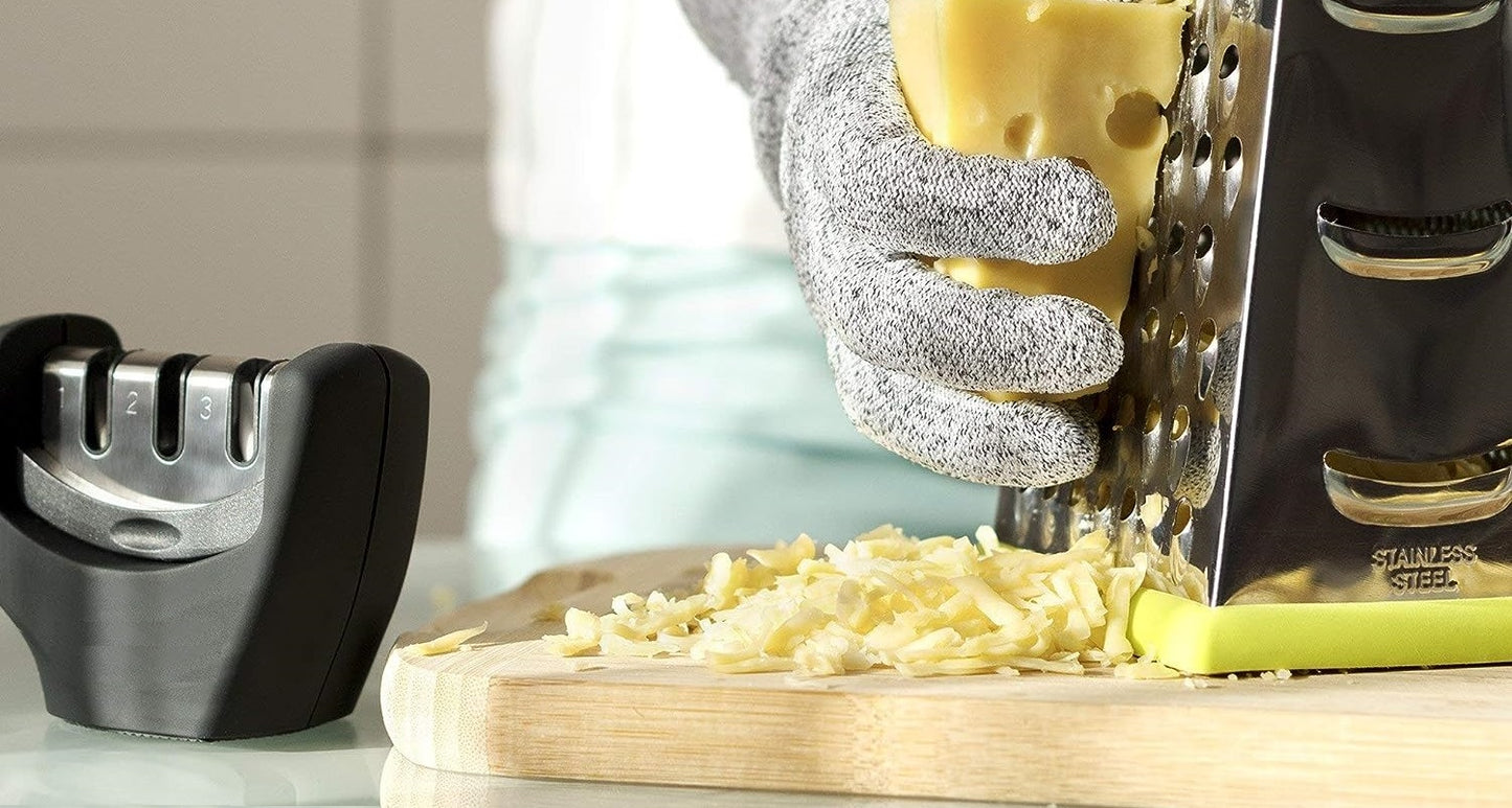 AJ 4-in-1 Kitchen Knife Accessories, Hand Knife Sharpener with 3 Levels, Anti-Cut Glove Set