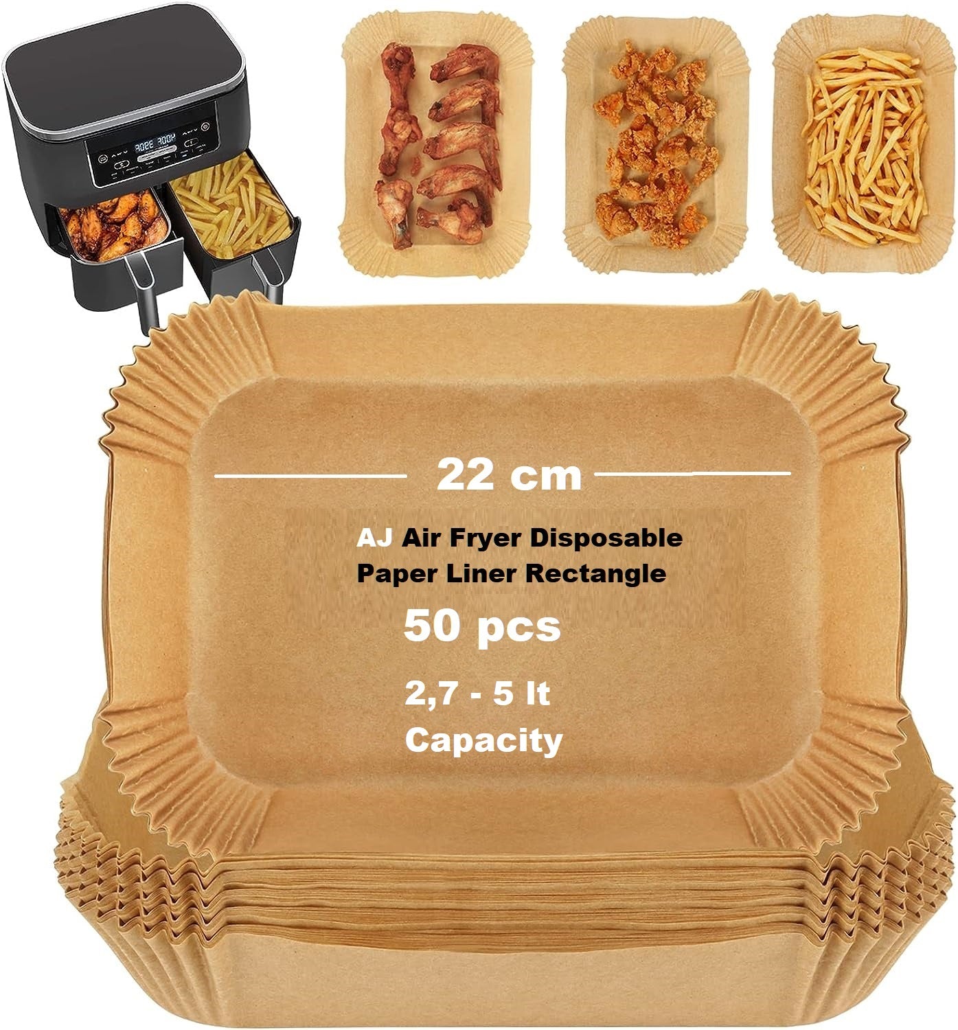 AJ Air Fryer Disposable Paper Liner Rectangle, for Dual Air Fryer 22cm Rectangular, Set of 50pcs