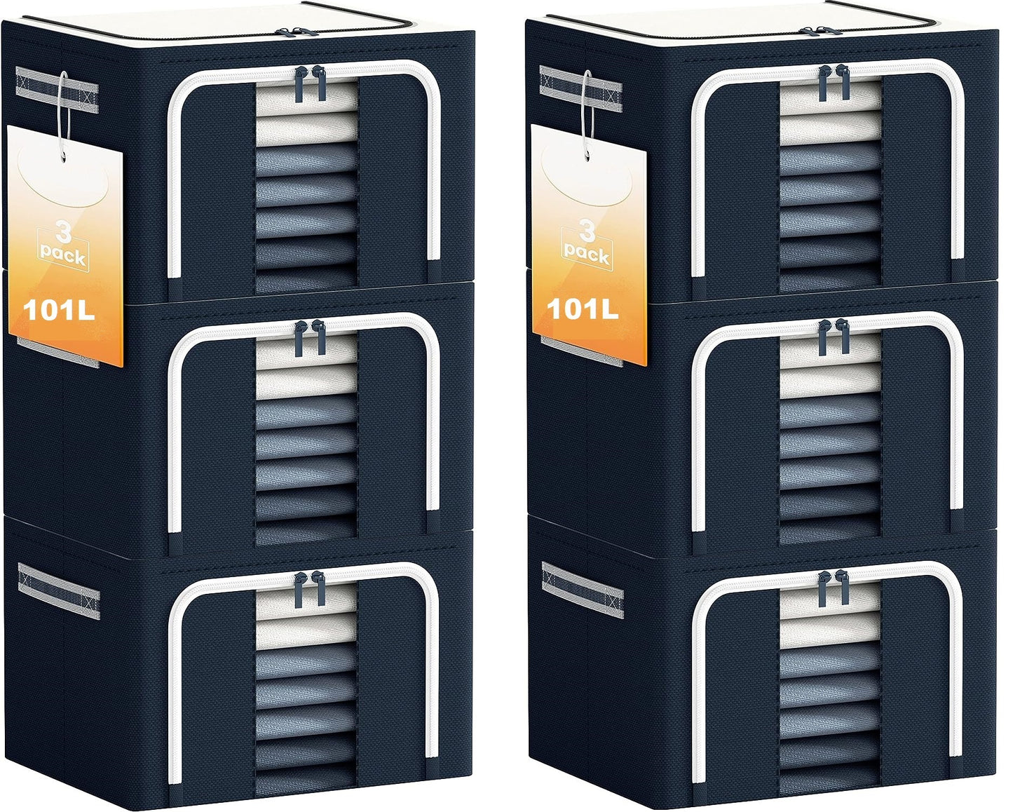 AJ Clothes Storage Organizer Bags 101L, Κουτιά Αποθήκευσης Ρούχων με 2 Ανοίγματα & Παράθυρο, Σετ των 6τμχ, 60 x 42 x 40cm, Blue