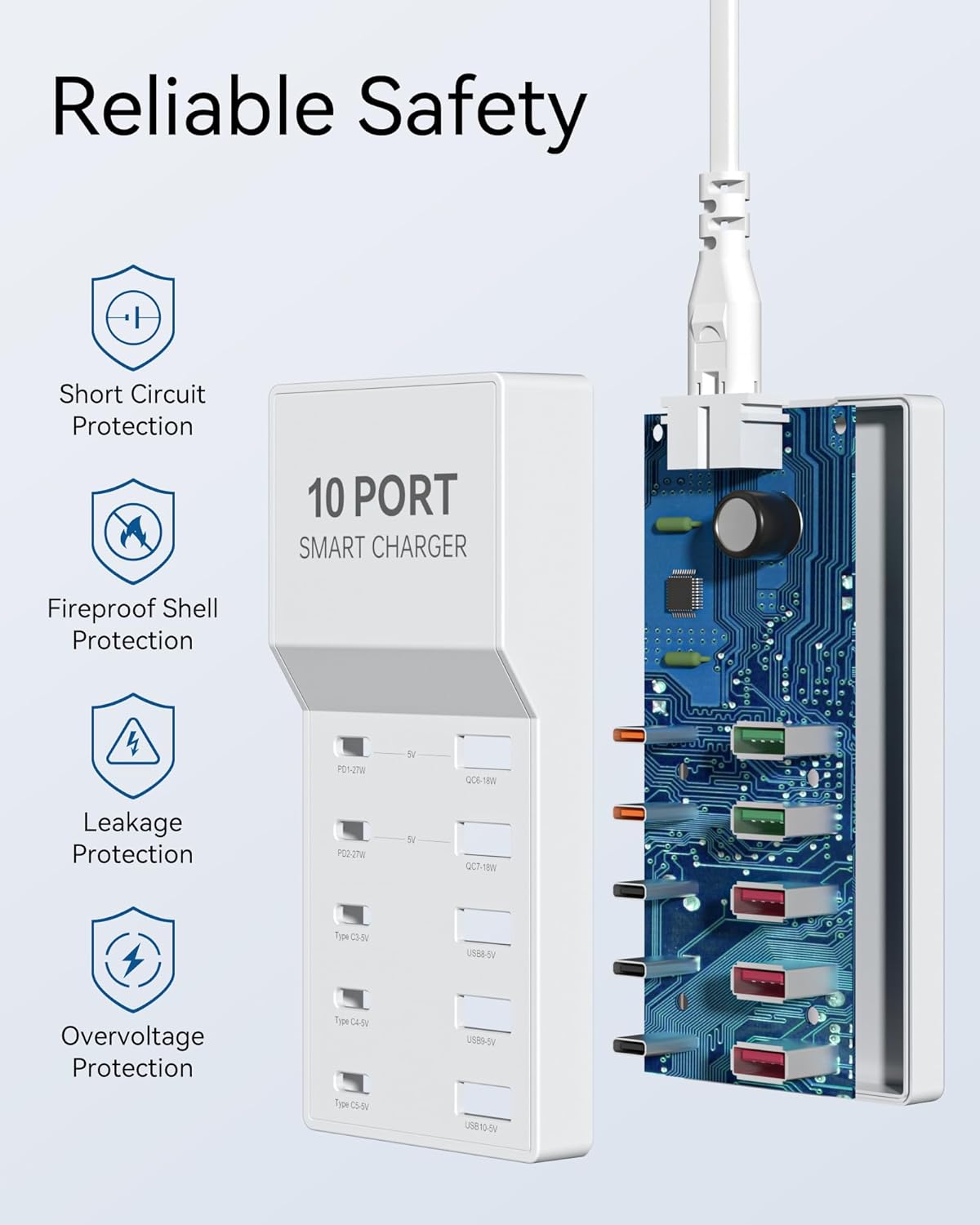 AJ Sparkit 10PD, 100W Charging Hub 10 Ports, with 5 USB-C Ports & 5 USB-A Ports, with Power Delivery 3.0 & Quick Charge, White
