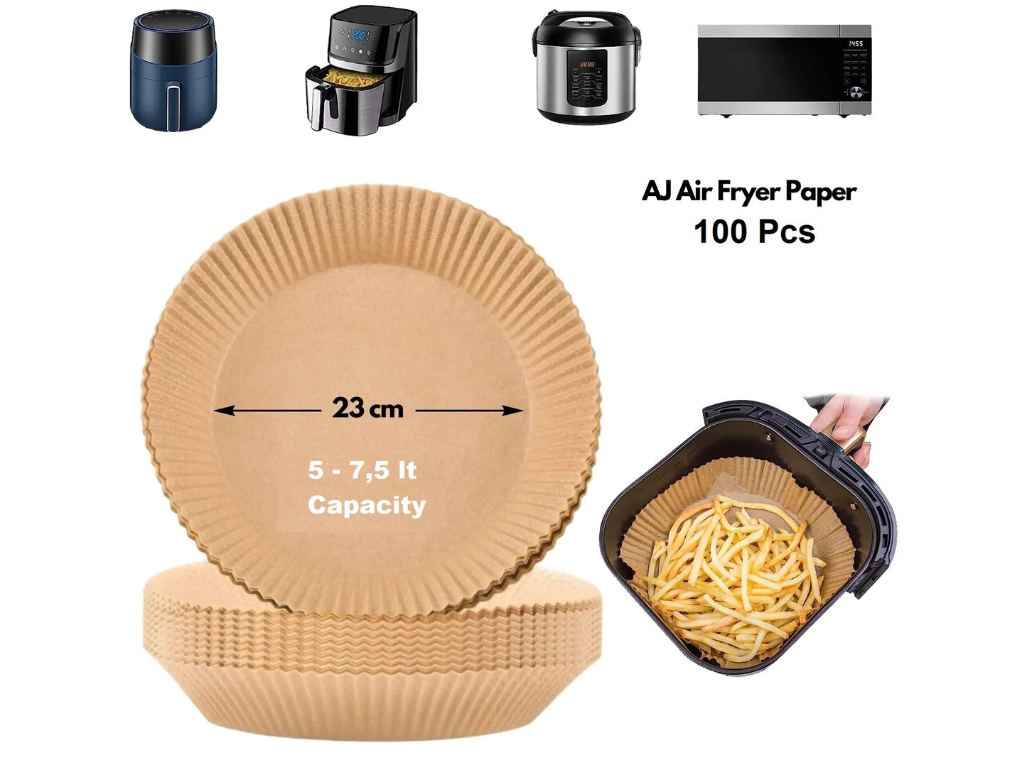 AJ Air Fryer Disposable Paper Liner Round, Non-stick Baking Papers for Air Fryer 23cm Round, Set of 100pcs