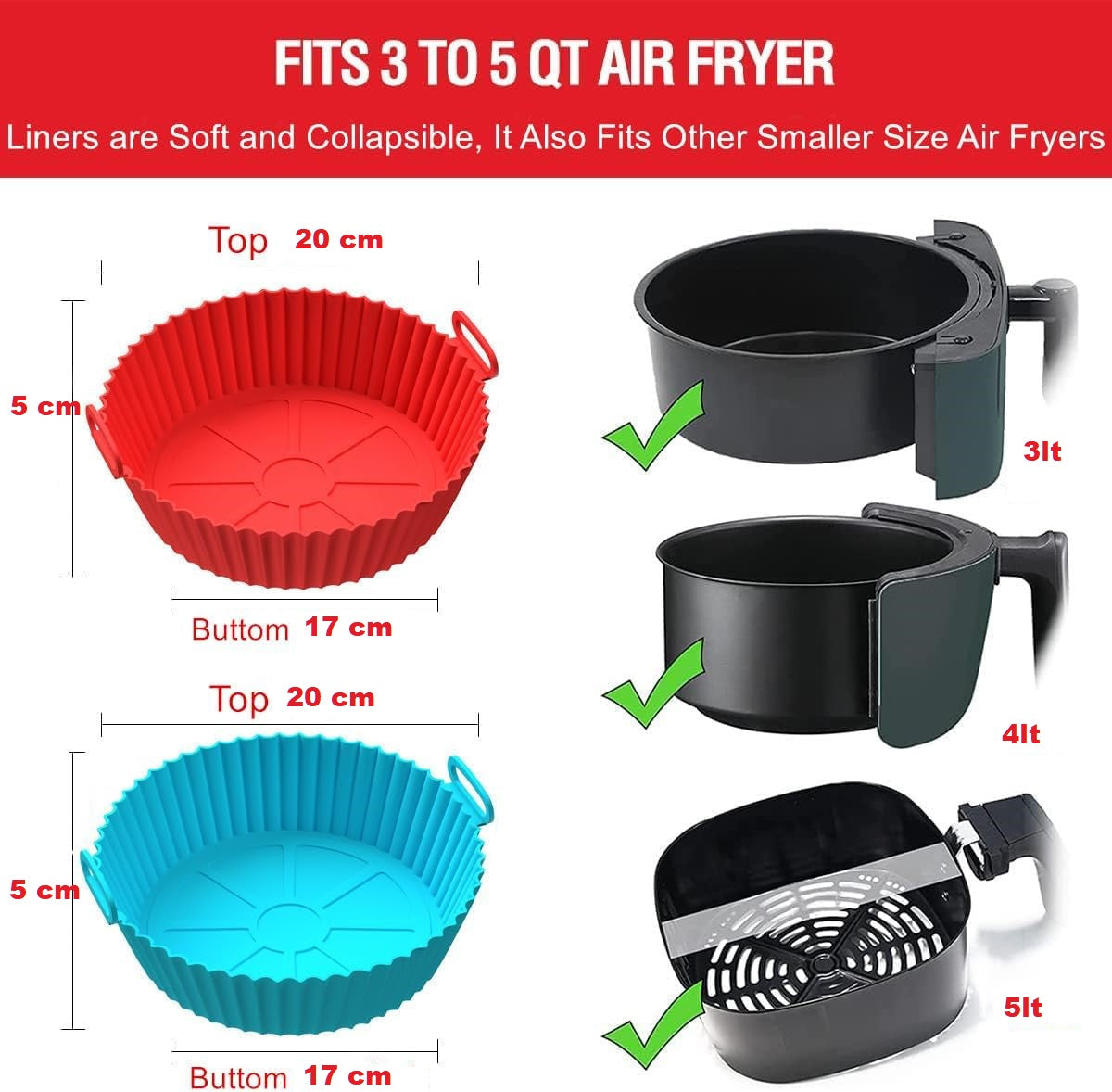 AJ Air Fryer Reusable Silicone Liner Round, Non-Stick Bowl for Air Fryer 20cm Round, Set of 2pcs, Red / Blue