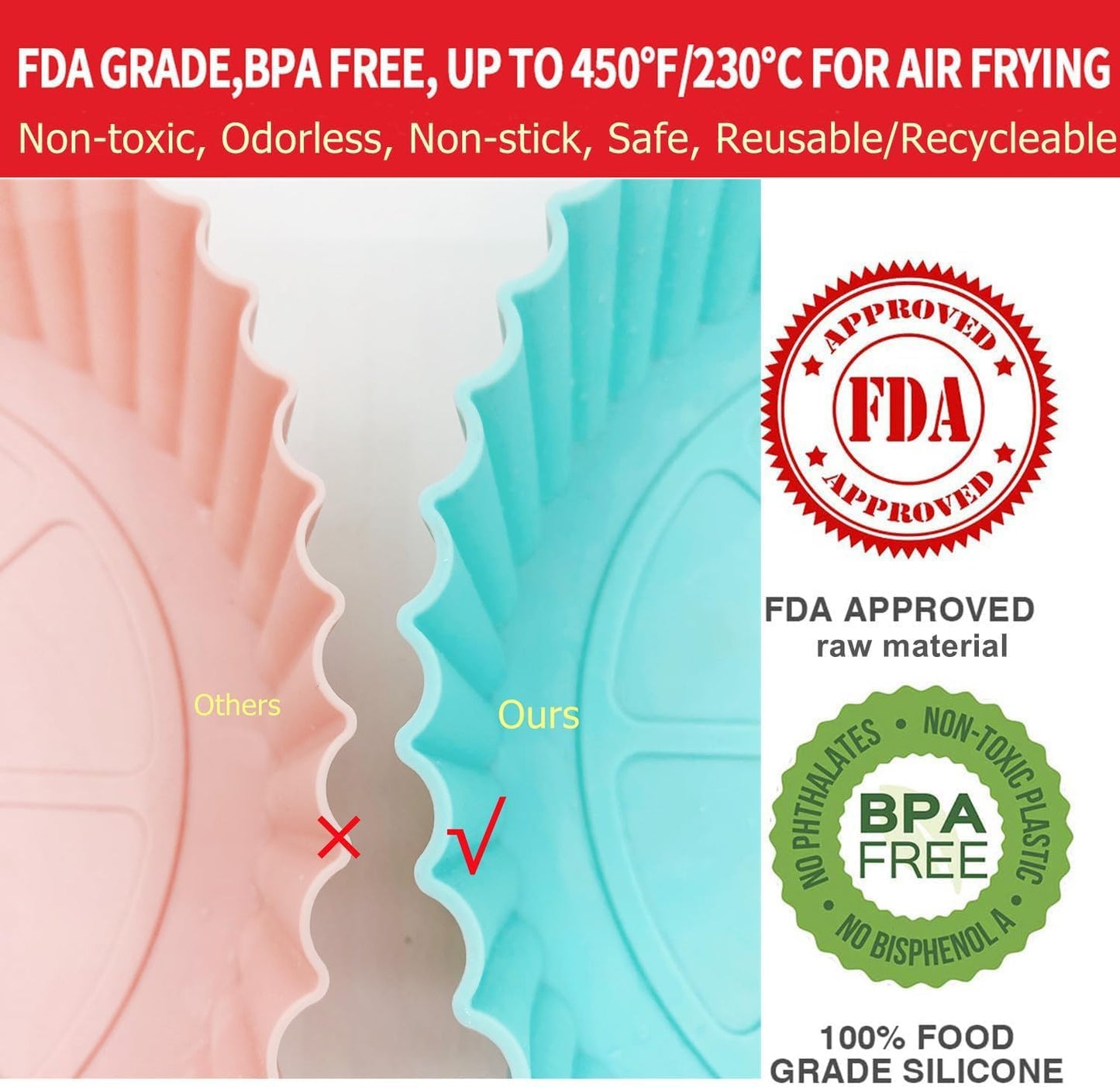 AJ Air Fryer Reusable Silicone Liner Round, Non-Stick Bowl for Air Fryer 20cm Round, Set of 2pcs, Red / Blue