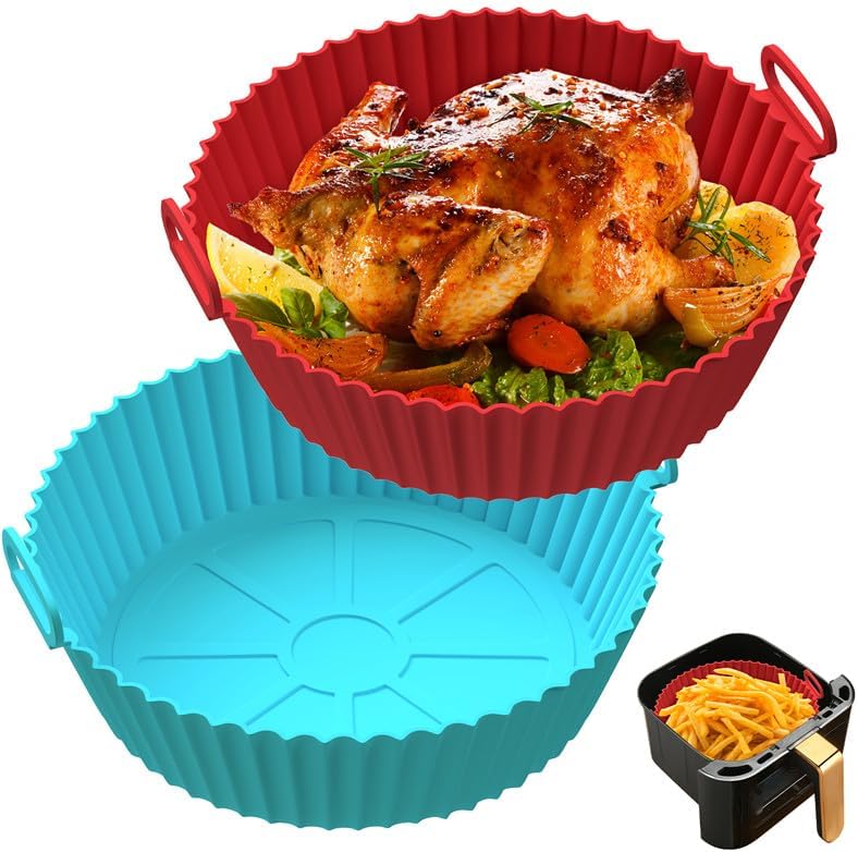 AJ Air Fryer Reusable Silicone Liner Round, Non-Stick Bowl for Air Fryer 20cm Round, Set of 2pcs, Red / Blue