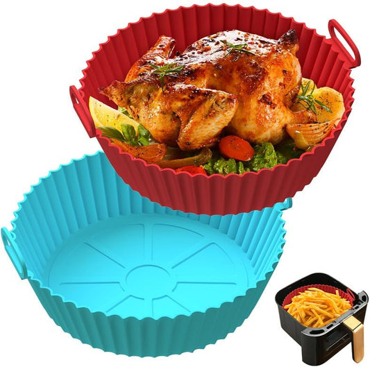 AJ Air Fryer Reusable Silicone Liner Round, Non-Stick Bowl for Air Fryer 20cm Round, Set of 2pcs, Red / Blue