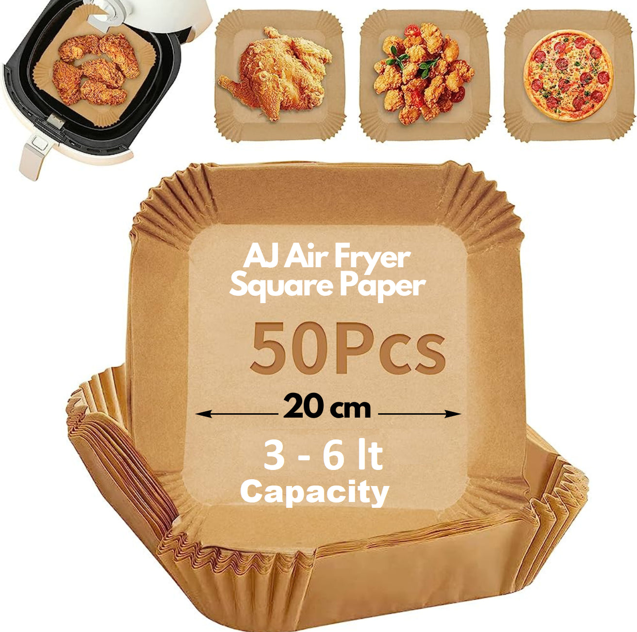 AJ Air Fryer Disposable Paper Liner Square, Non-stick Baking Papers for Air Fryer 20cm Squares, Set of 50pcs
