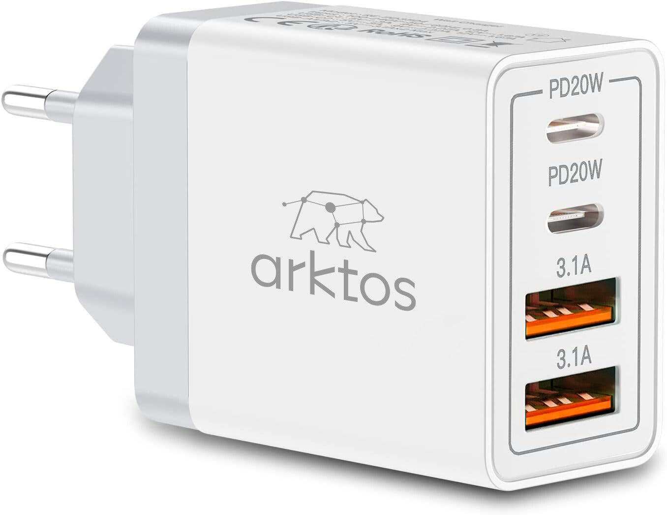 Arktos HyperCharge Quattro 55W, 4-Port 55W Wall Charger with Power Delivery / QC3.0 & PPS, WhiteArktos HyperCharge Quattro 55W, 4-Port Wall Charger 55W with Power Delivery / QC3.0 & PPS, White