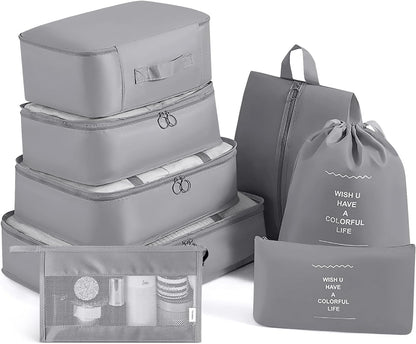 AJ 8-Pack Travel Packing Cubes for Suitcases, Clothes Cases for Travel, Set of 8pcs (Various Sizes), Gray