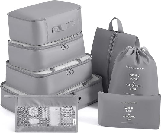 AJ 8-Pack Travel Packing Cubes for Suitcases, Clothes Cases for Travel, Set of 8pcs (Various Sizes), Gray