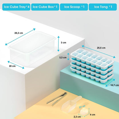 AJ 4-Pack Ice Cube Tray With Lid & Bin, 14 Cube Capacity, Set of 4, With Lid and Tongs, Blue