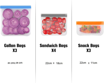 AJ 10-Pack Reusable Food Safe Reusable Bags Silicone, BPA Free, σε 3 Μεγέθη, Σετ των 10τμχ