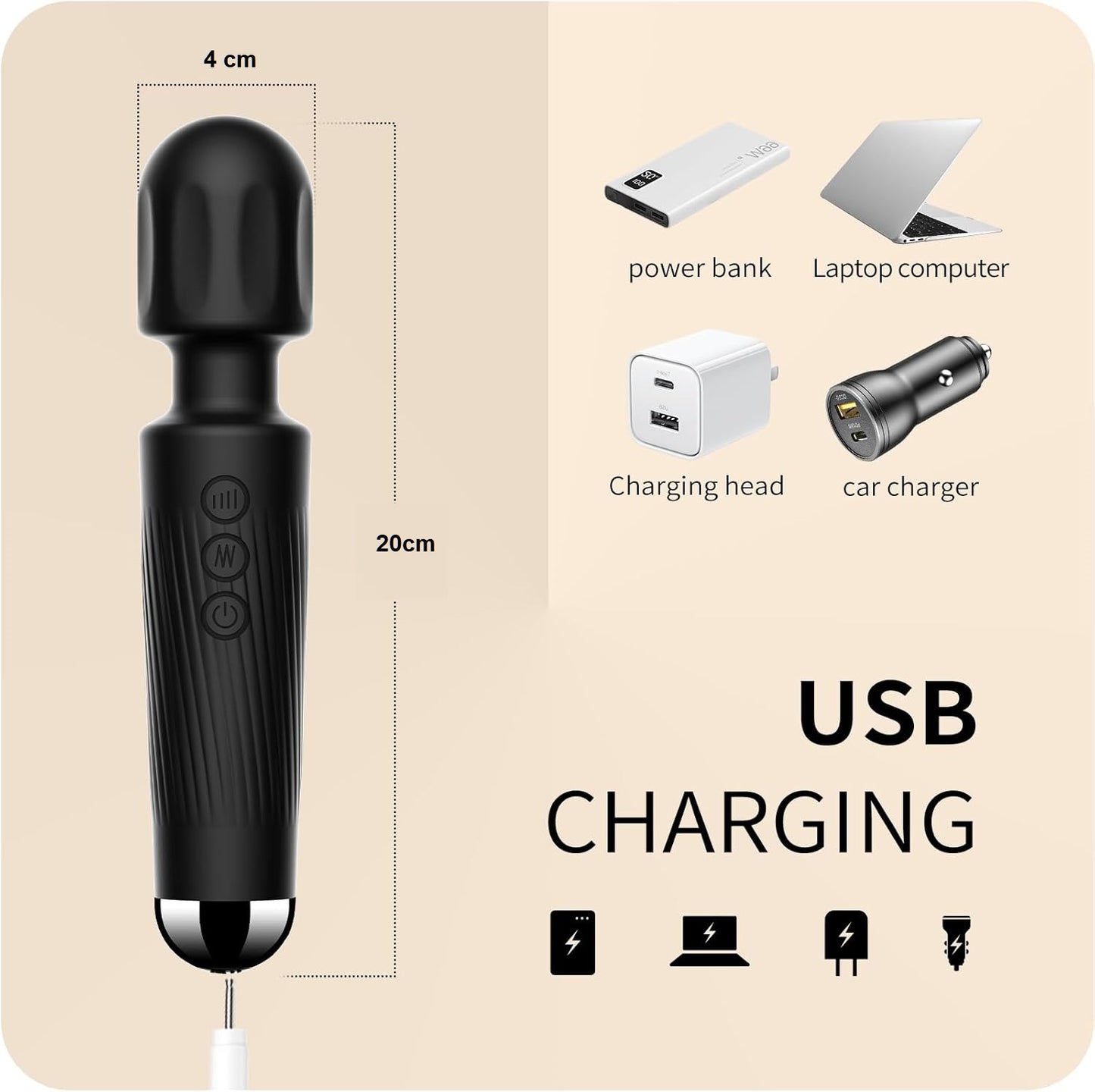 SMD Vibrator Wand, Ασύρματος Κλειτοριδικός δονητής, 20 Vibrations & 8 intensities, Black