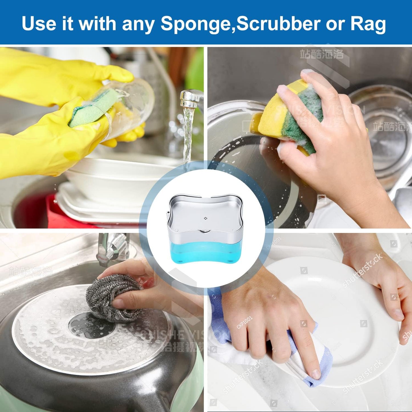 AJ Dish Soap Dispenser, Tabletop Kitchen Dispenser 380ml with Sponge Holder, Transparent