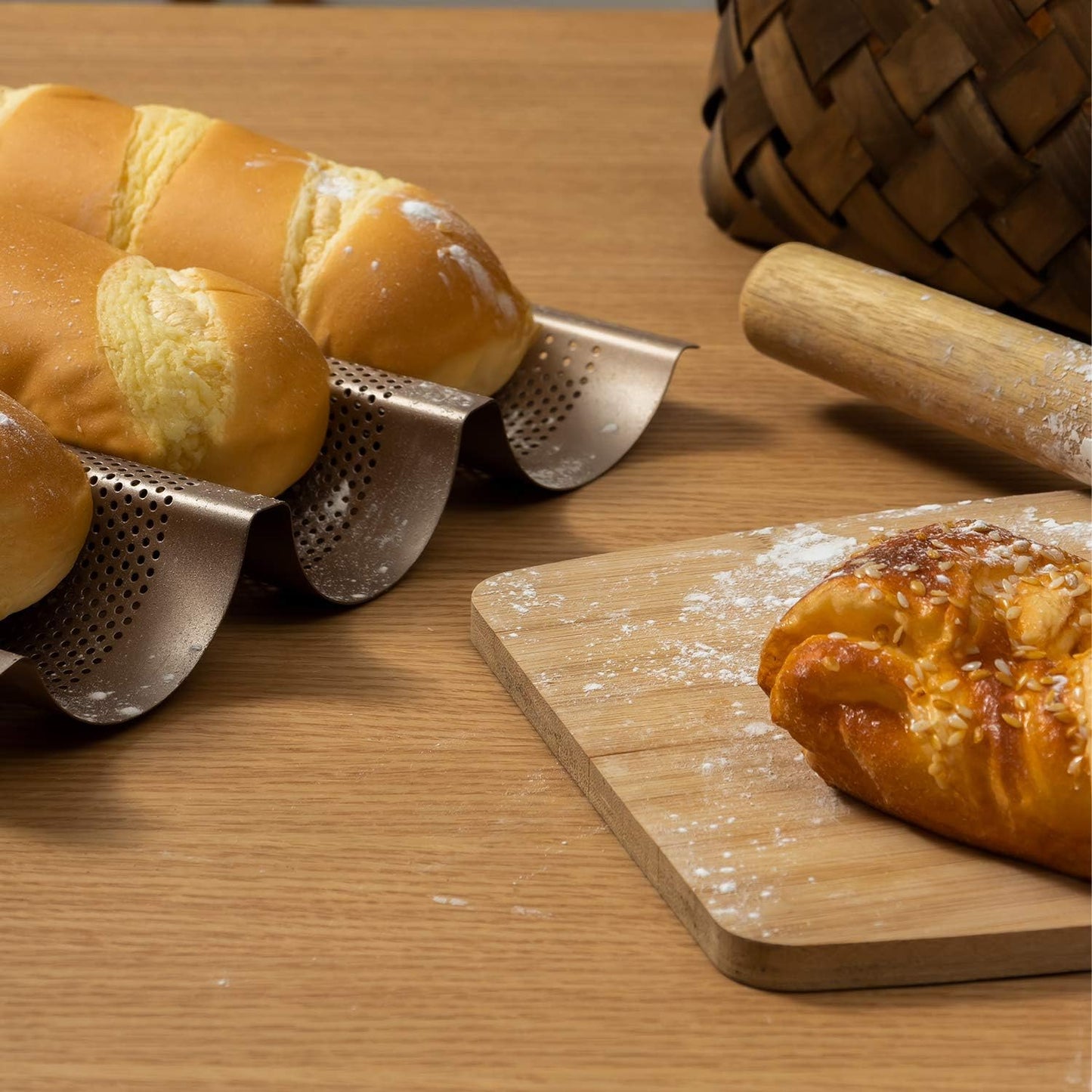 AJ Perforated Baguette Pan Baking Tray, Perforated Steel Baking Tray with 3 Places for Baguettes 38 x 28, Gold