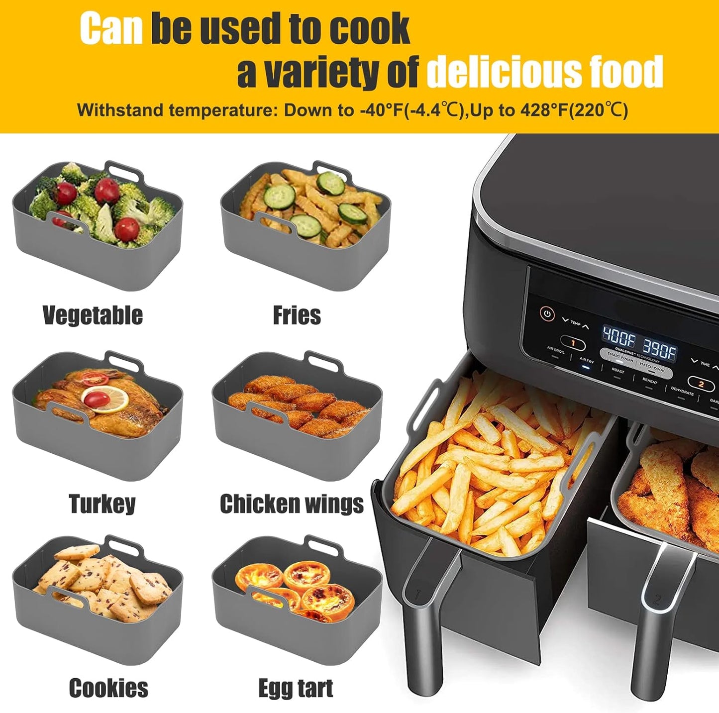 AJ Air Fryer Reusable Silicone Liner Rectangle, Non-stick baking bowls for Dual Air Fryer 20cm Rectangles, Set of 2 pcs