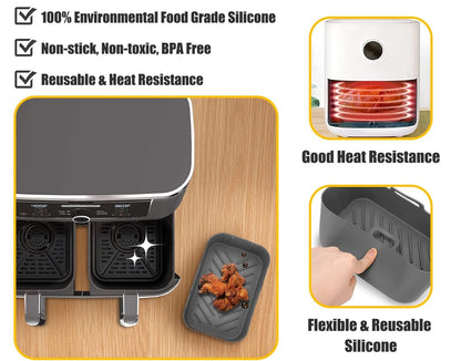 AJ Air Fryer Reusable Silicone Liner Rectangle, Non-stick baking bowls for Dual Air Fryer 20cm Rectangles, Set of 2 pcs