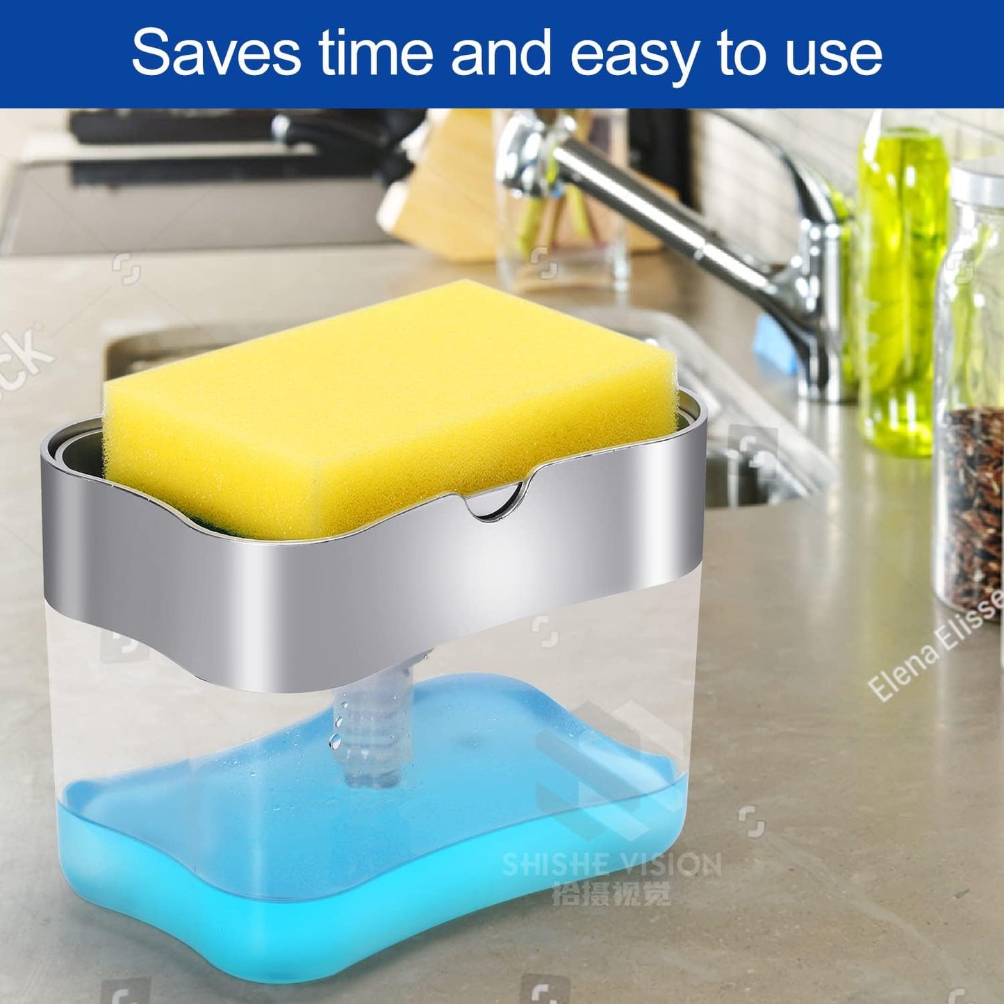 AJ Dish Soap Dispenser, Tabletop Kitchen Dispenser 380ml with Sponge Holder, Transparent