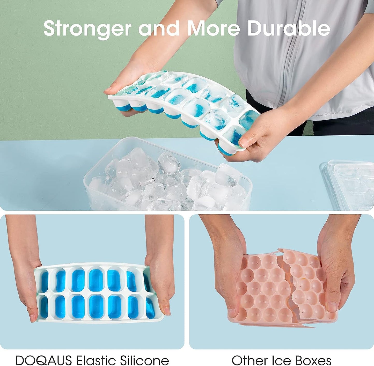 AJ 4-Pack Ice Cube Tray With Lid & Bin, 14 Cube Capacity, Set of 4, With Lid and Tongs, Blue
