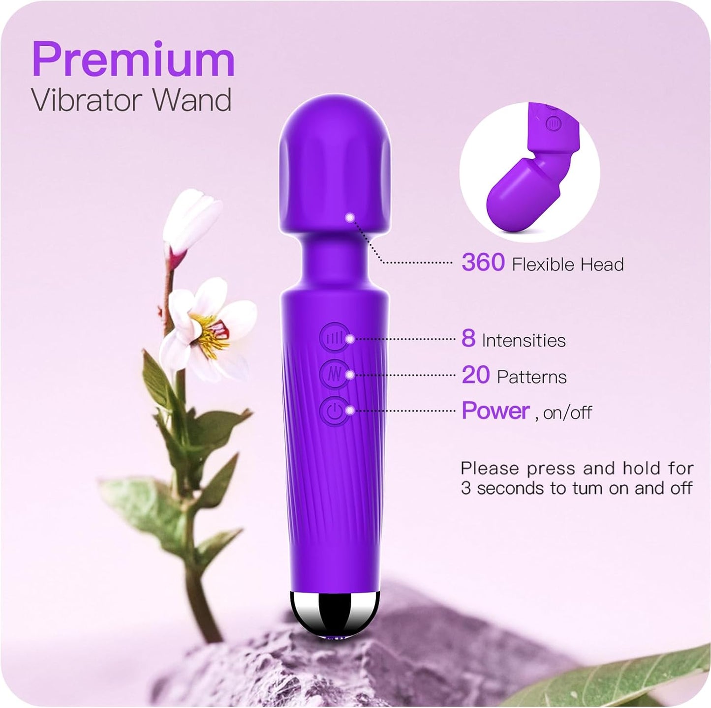 SMD Vibrator Wand, Ασύρματος Κλειτοριδικός δονητής, 20 Vibrations & 8 intensities, Purple
