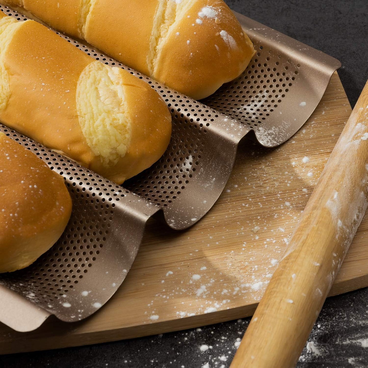 AJ Perforated Baguette Pan Baking Tray, Perforated Steel Baking Tray with 3 Places for Baguettes 38 x 28, Gold