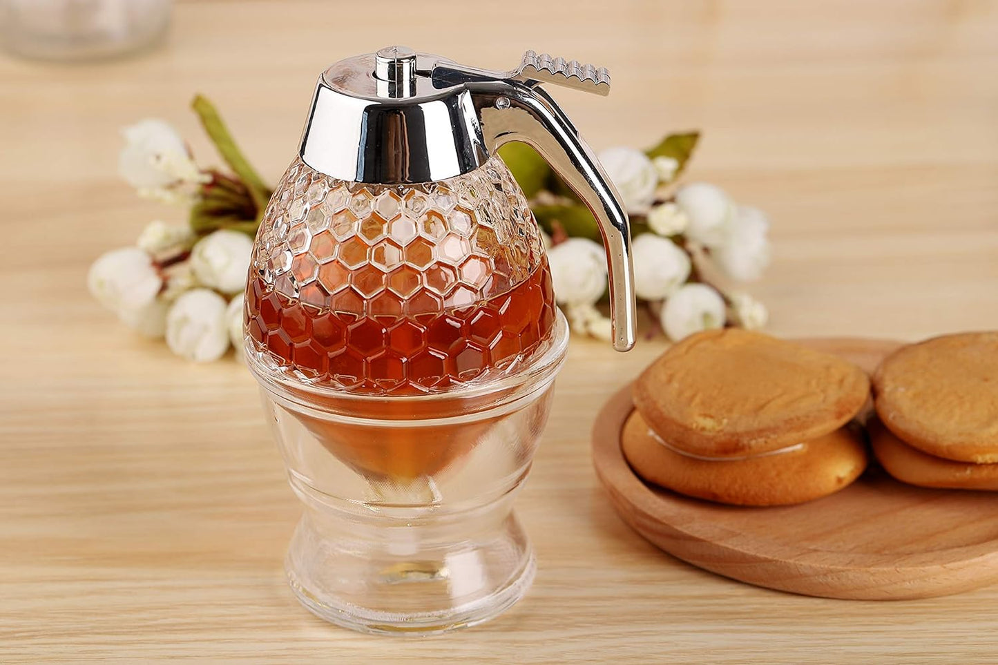 AJ Honey Dispenser with No Drip Glass, Honey dispenser/ Syrup, with Stand