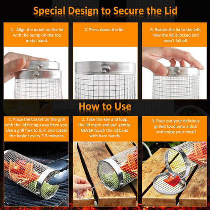 AJ 2-Pack BBQ Rolling Grilling Baskets, Rolling Grilling Basket with Safety Lock & Fork, Set of 2