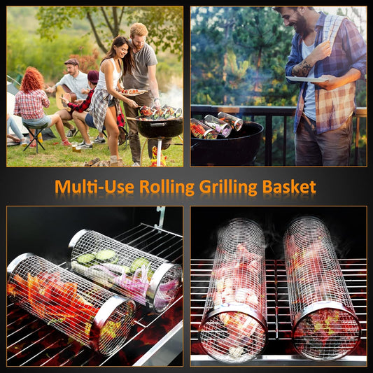 AJ 2-Pack BBQ Rolling Grilling Baskets, Rolling Grilling Basket with Safety Lock & Fork, Set of 2