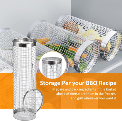 AJ 2-Pack BBQ Rolling Grilling Baskets, Rolling Grilling Basket with Safety Lock & Fork, Set of 2