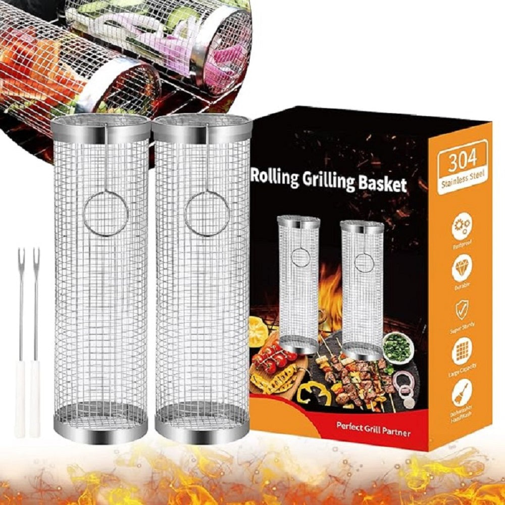 AJ 2-Pack BBQ Rolling Grilling Baskets, Rolling Grilling Basket with Safety Lock & Fork, Set of 2