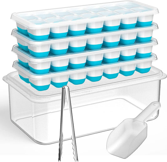 AJ 4-Pack Ice Cube Tray With Lid & Bin, 14 Cube Capacity, Set of 4, With Lid and Tongs, Blue