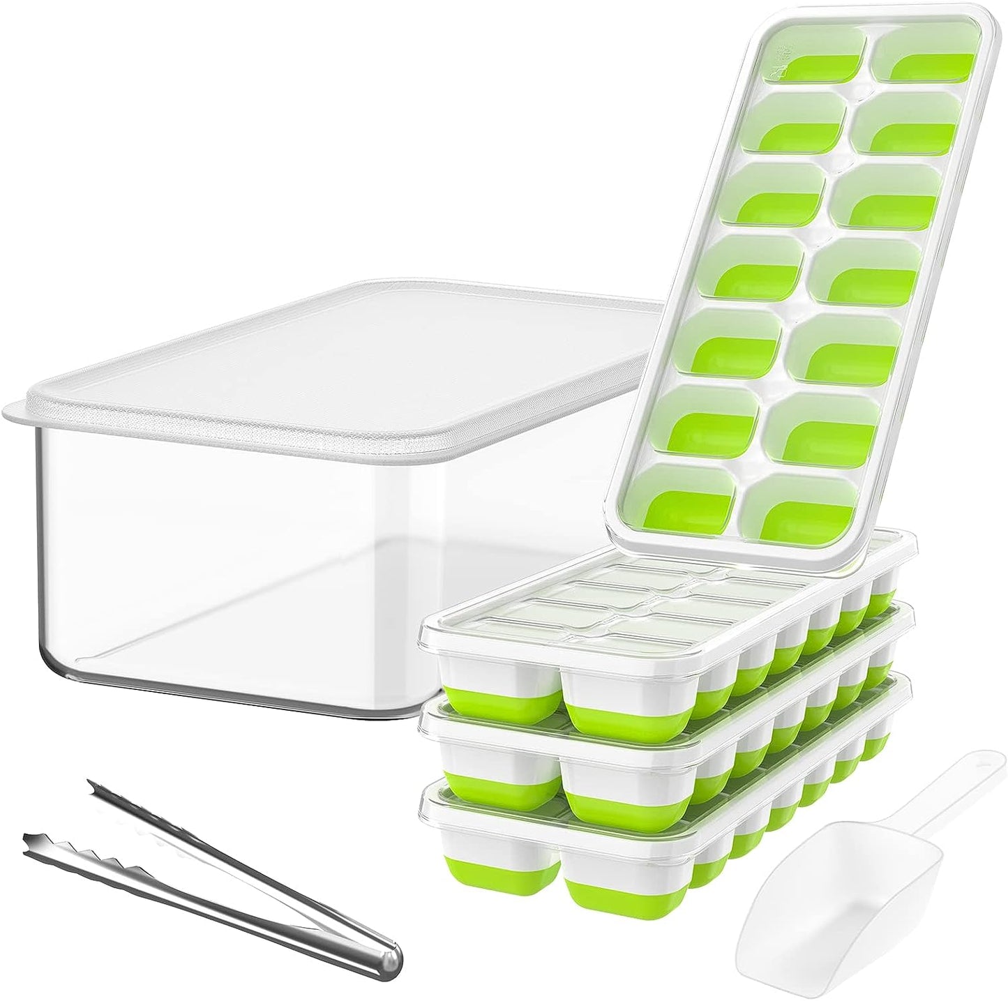 AJ 4-Pack Ice Cube Tray With Lid & Bin, 14 Cube, Set of 4pcs with Lid and Tong, Green