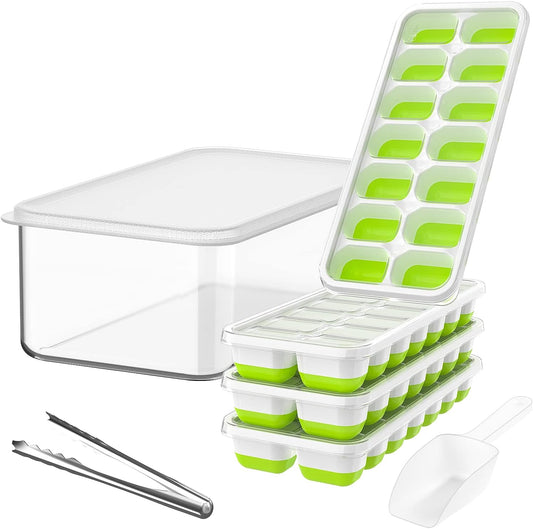 AJ 4-Pack Ice Cube Tray With Lid & Bin, 14 Cube, Set of 4pcs with Lid and Tong, Green