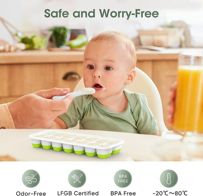 AJ 4-Pack Ice Cube Tray With Lid & Bin, 14 Cube, Set of 4pcs with Lid and Tong, Green
