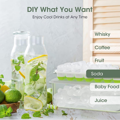 AJ 4-Pack Ice Cube Tray With Lid & Bin, 14 Cube, Set of 4pcs with Lid and Tong, Green