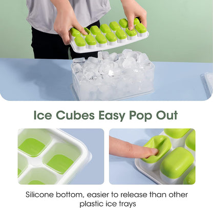 AJ 4-Pack Ice Cube Tray With Lid & Bin, 14 Cube, Set of 4pcs with Lid and Tong, Green