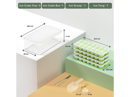 AJ 4-Pack Ice Cube Tray With Lid & Bin, 14 Cube, Set of 4pcs with Lid and Tong, Green