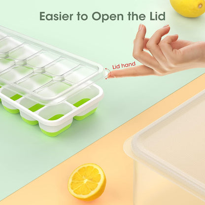 AJ 4-Pack Ice Cube Tray With Lid & Bin, 14 Cube, Set of 4pcs with Lid and Tong, Green