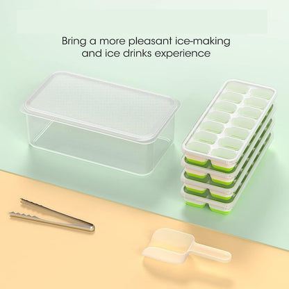 AJ 4-Pack Ice Cube Tray With Lid & Bin, 14 Cube, Set of 4pcs with Lid and Tong, Green
