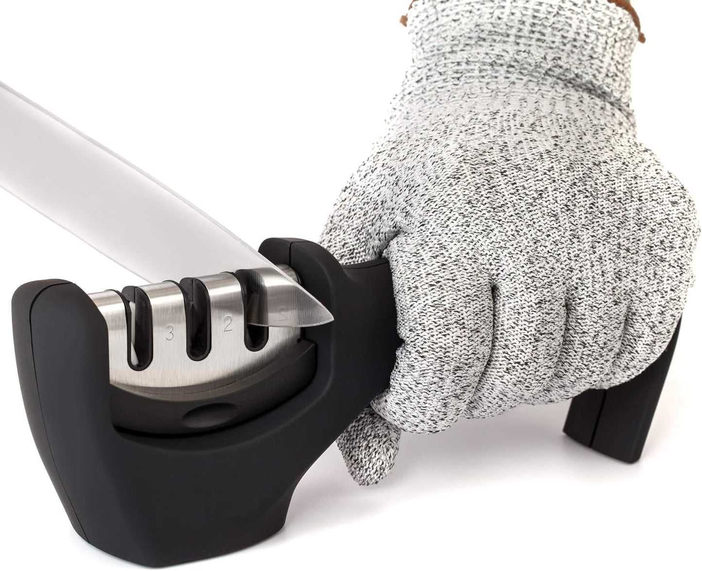 AJ 4-in-1 Kitchen Knife Accessories, Hand Knife Sharpener with 3 Levels, Anti-Cut Glove Set