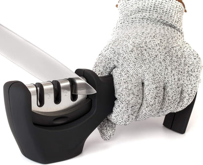 AJ 4-in-1 Kitchen Knife Accessories, Hand Knife Sharpener with 3 Levels, Anti-Cut Glove Set