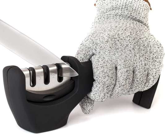 AJ 4-in-1 Kitchen Knife Accessories, Hand Knife Sharpener with 3 Levels, Anti-Cut Glove Set