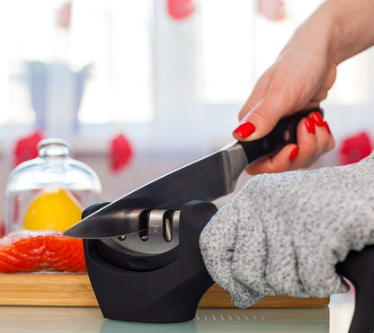 AJ 4-in-1 Kitchen Knife Accessories, Hand Knife Sharpener with 3 Levels, Anti-Cut Glove Set