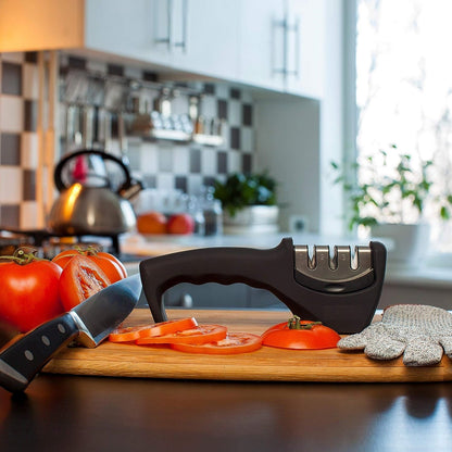 AJ 4-in-1 Kitchen Knife Accessories, Hand Knife Sharpener with 3 Levels, Anti-Cut Glove Set